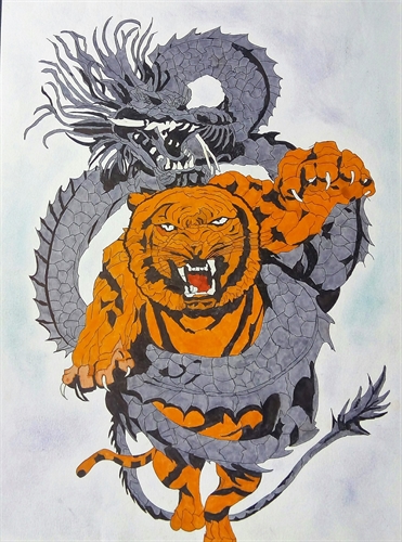 Desenho de um drago e um tigre