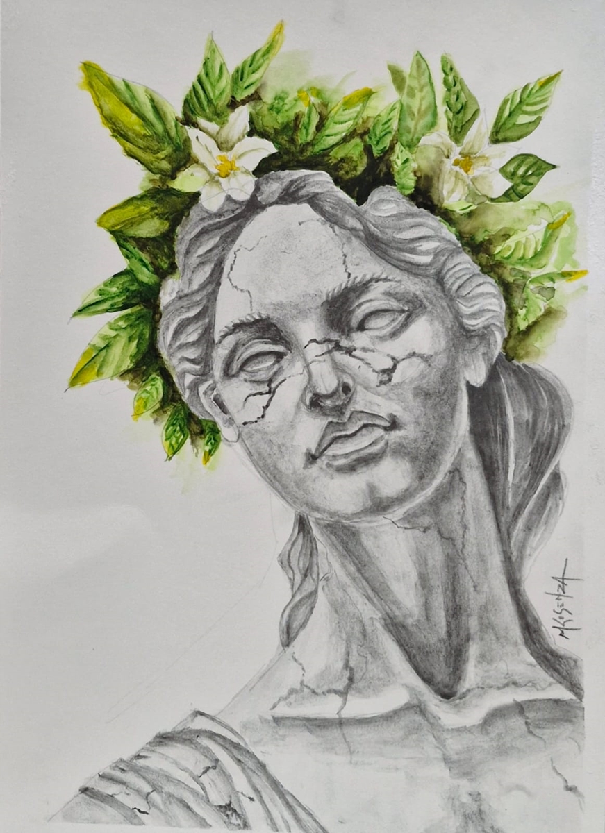 Estátua Grega com flores na cabeça